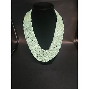 Vintage Seafoam Green Braided Seed Bead Statement Necklace/Collar 21.5" Boho